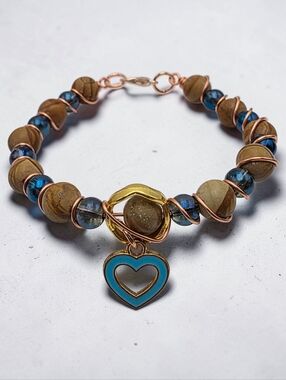 Handcrafted Blue with Wood Vein Jasper Beads & Heart Charm Bracelet
